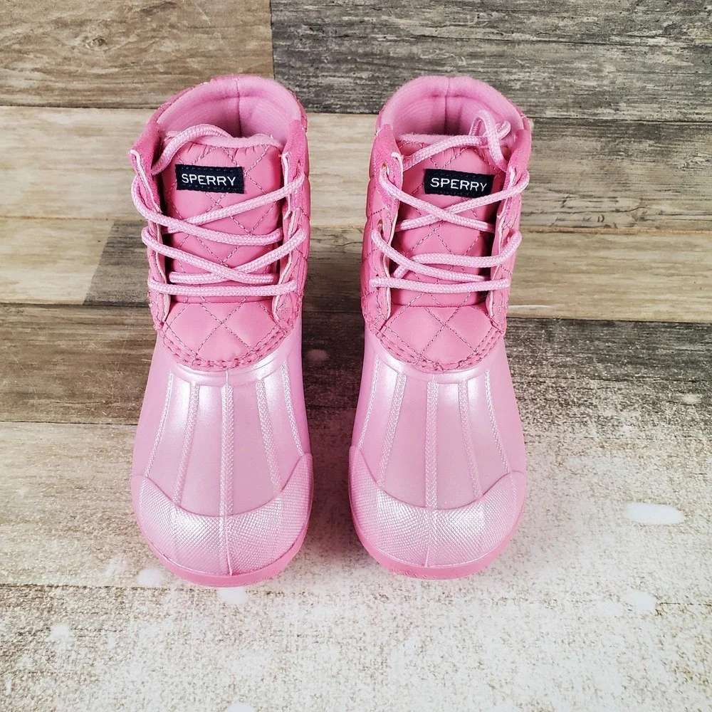 Sperry Port Kids Snow Boot Sz 11 M Pink Rubber Lace Up Mid Top Round Toe Footbed